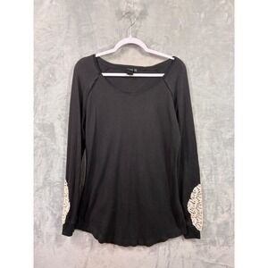 Mona B Black Ribbed Long Sleeve Lace Patch Thermal Top Size L